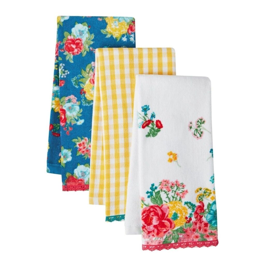 Pioneer Woman Fancy Flourish Kitchen Towels Country Farmhouse Lace Edge 3-pc NEW